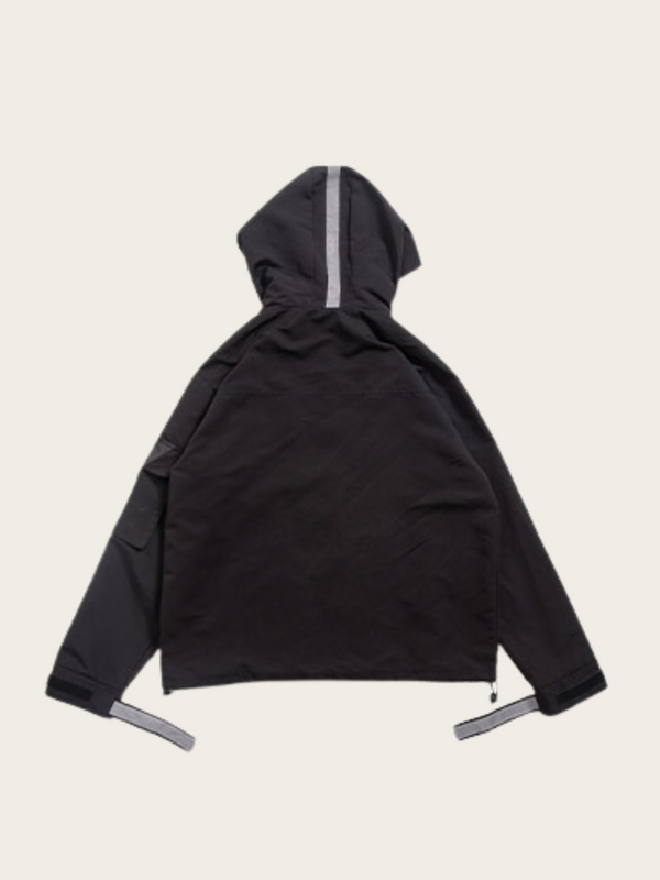 Black jacket with reflective stripes on a white background