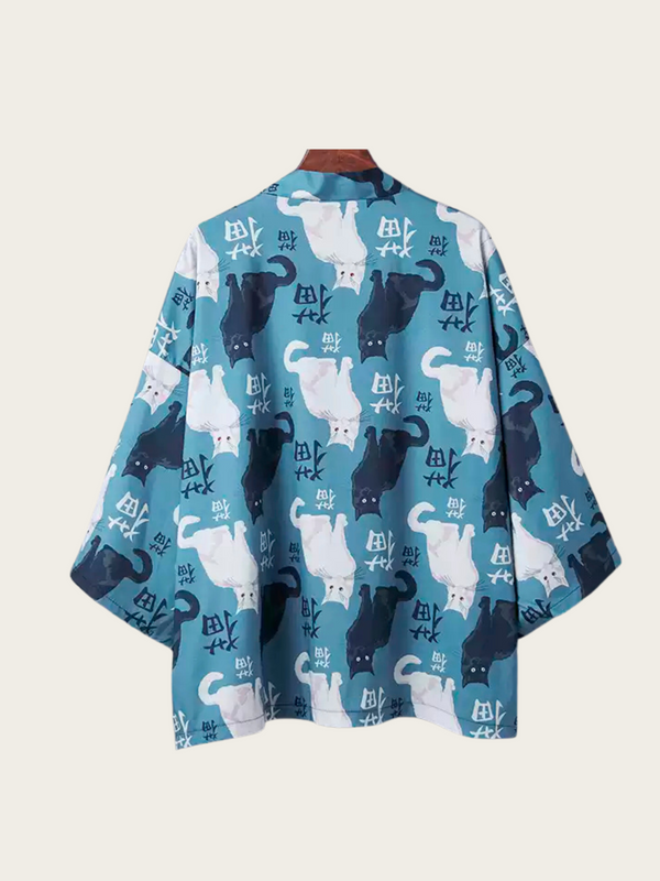 Teal Cat-Pattern Kimono Cardigan – Open Drape