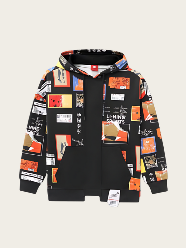 Black hoodie with colorful graphic designs on a light gray background