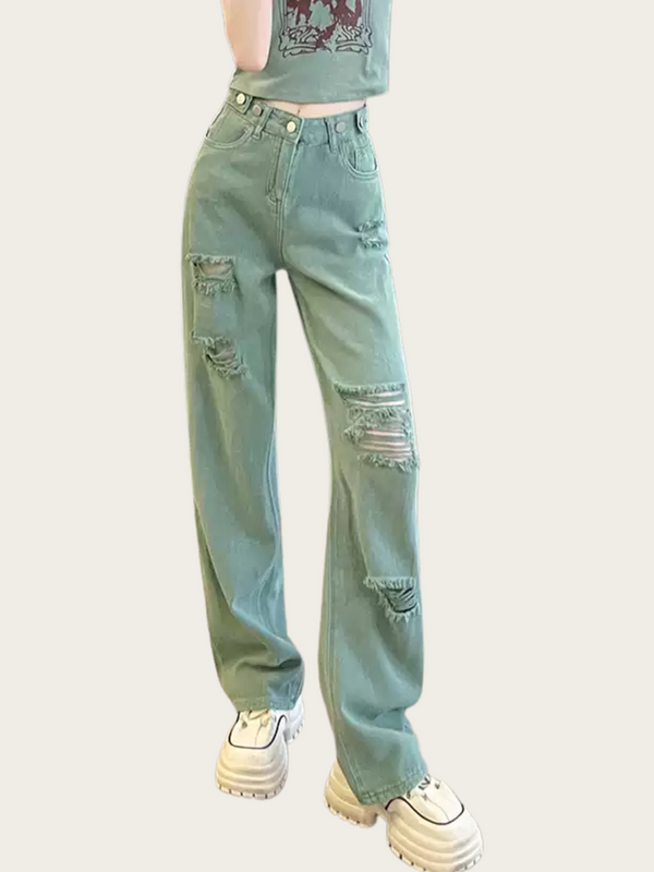 Light blue jeans worn by a person on a white background