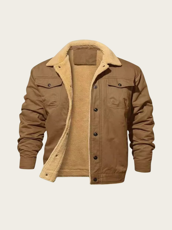 Brown jacket with sherpa lining on a beige background