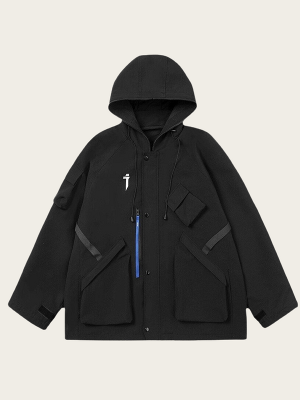 Black hooded jacket with geometric design on a beige background