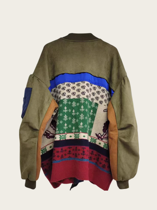 Green jacket with colorful patterned lining on a white background