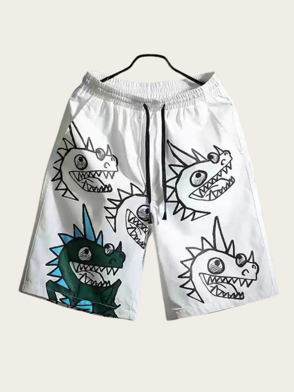 White shorts with cartoon dinosaur designs on a white background