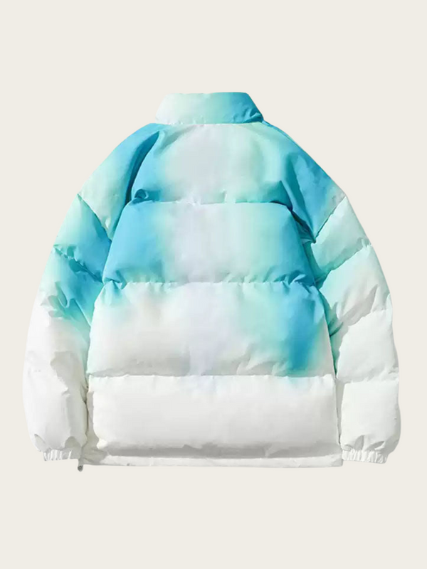 Gradient blue and white puffer jacket on a light gray background