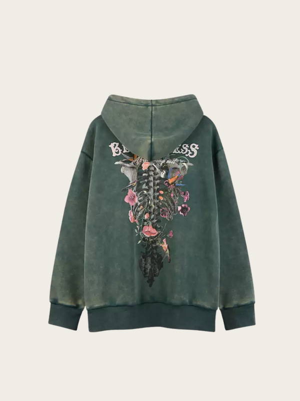 Green hoodie with floral and bird design on the back against a light gray background