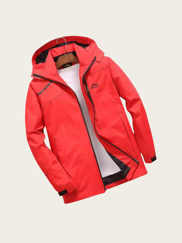 Red jacket with black accents on a beige background