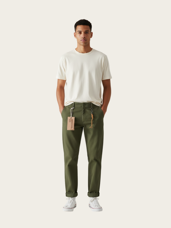 Man wearing green pants with a visible tag, standing against a white background