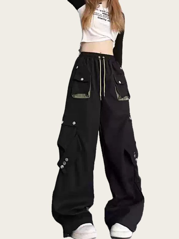 Black wide-leg pants with multiple pockets on a white background
