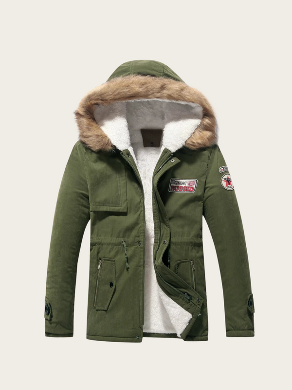 Green winter jacket with fur-lined hood on a light gray background