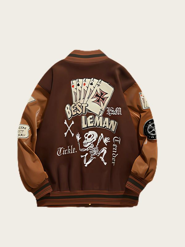 Brown jacket with graphic designs and text on a beige background