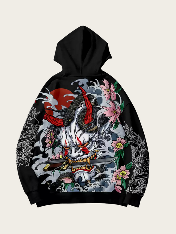 Black hoodie with a colorful skull and floral design on a beige background
