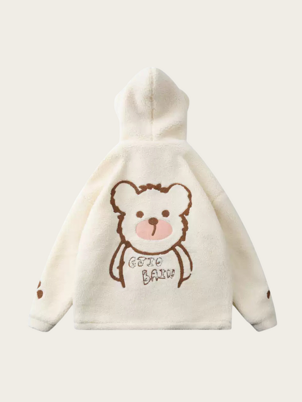 White children's hoodie with a bear design on a white background