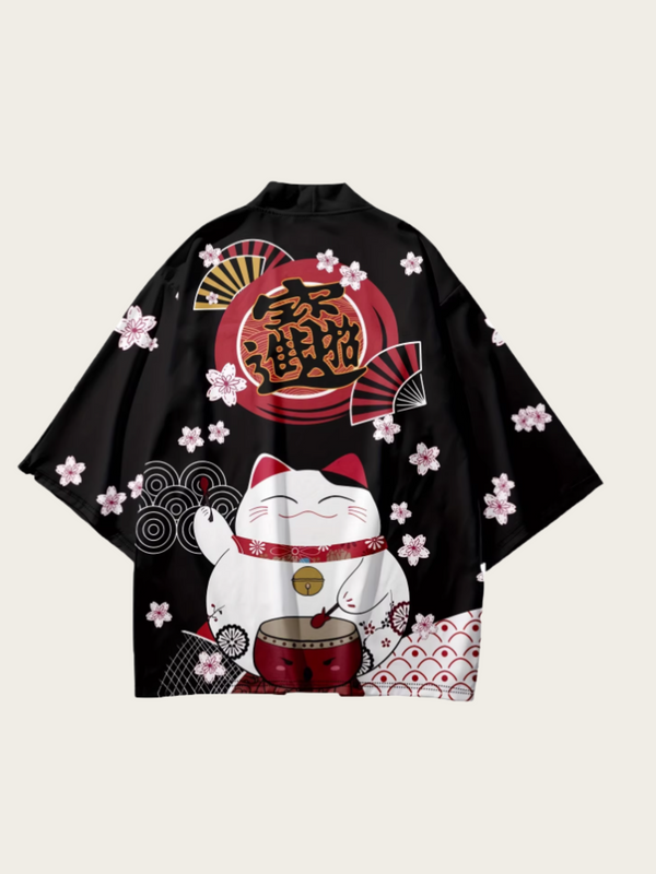 Lucky Cherry Cat Blossom Kimono – Open-Front Drape