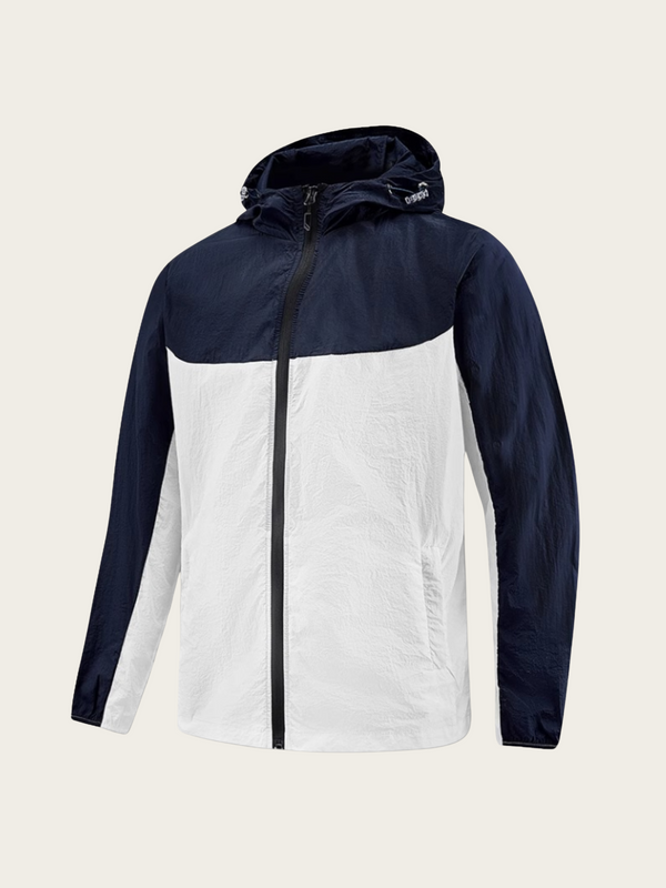 Two-tone navy and white jacket on a beige background