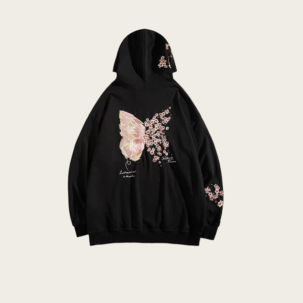 Black hoodie with pink butterfly and floral design on a white background