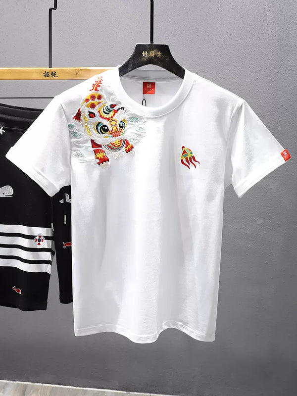 Dragon Dance Embroidery Japanese Cool T Shirt - Medium