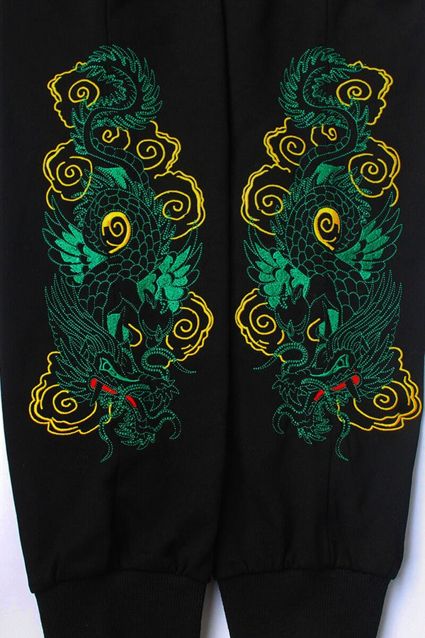 Embroidered Emerald Dragon Japanese Harem Pants - Large