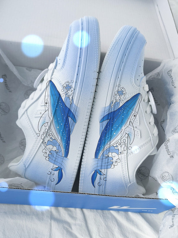 Printed White Blue Whale Japanese Shoes - 36