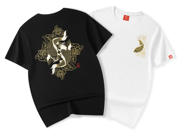 Embroidered Twin Koi Japanese T Shirt - Medium