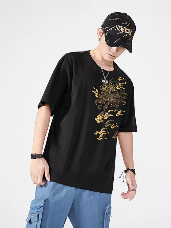 Dragon Flame Embroidered Japanese T Shirt - Medium