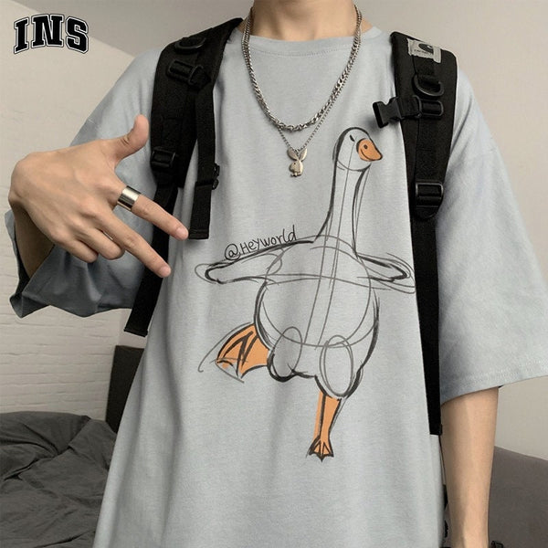 Duck Sketch Printed Japanese T Shirt - #ffffff:White