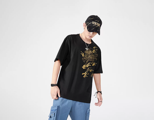 Dragon Flame Embroidered Japanese T Shirt - Medium