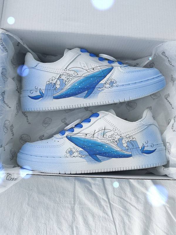 Printed White Blue Whale Japanese Shoes - 35