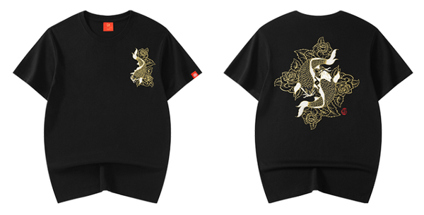 Embroidered Twin Koi Japanese T Shirt - Medium