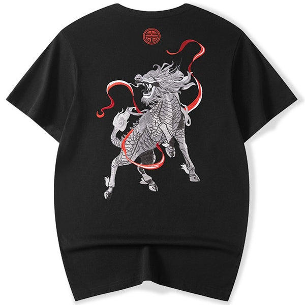 Embroidered Flaming Dragon Japanese T Shirt - Medium