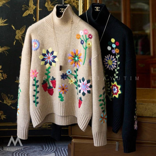 Turtleneck Embroidered Flower Grande Japanese Sweatshirt - Small