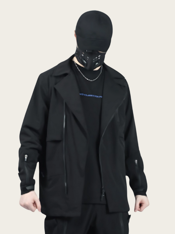 Person wearing a black coat and mask on a beige background