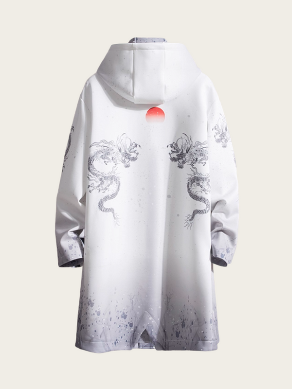 White garment with dragon designs on a plain background