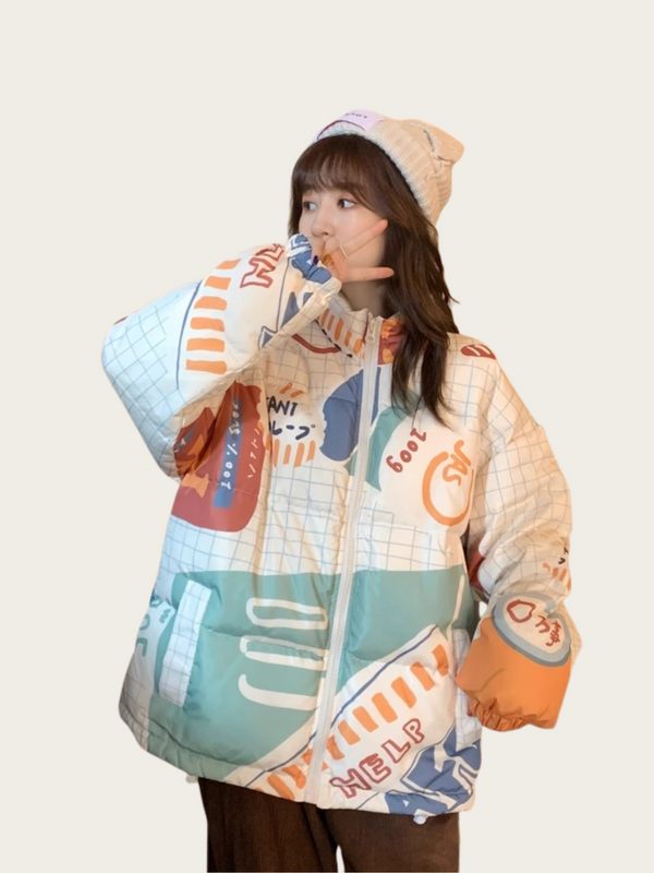 Person wearing a colorful quilted jacket with graphic designs on a plain background