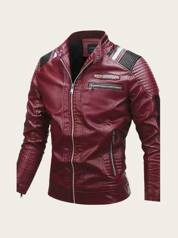 Maroon leather jacket with black accents on a beige background