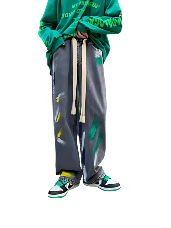 Oversized Graffiti Paint-Splash Wide Leg Denim Jeans – Wide-Leg Flow