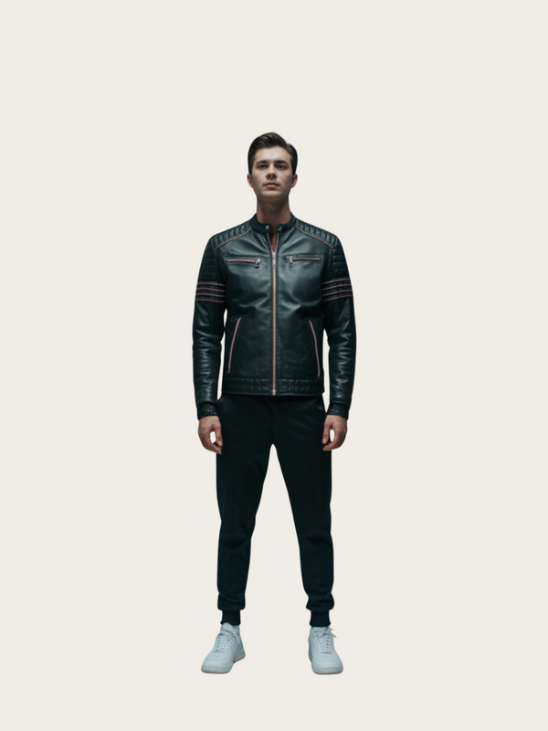 Man wearing a black leather jacket with red accents on a white background