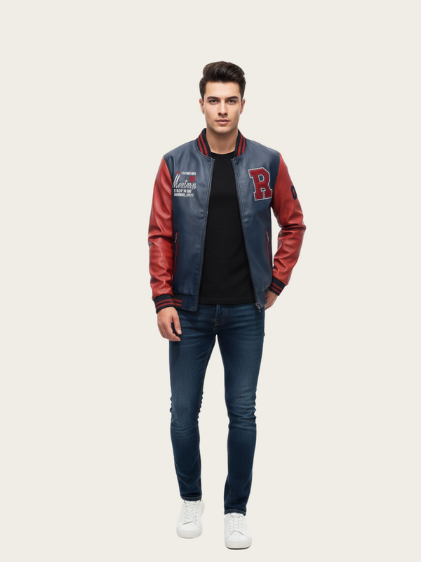 Man wearing a red and blue varsity jacket with patches on a white background