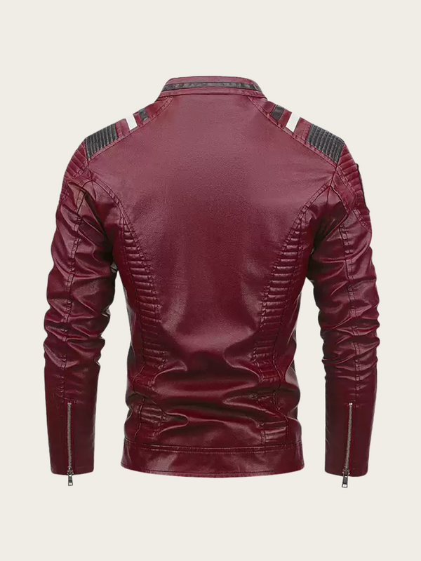 Maroon leather jacket with black accents on a beige background