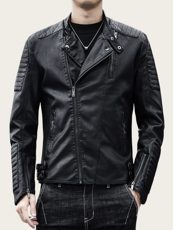 Black leather jacket worn by a person on a plain background