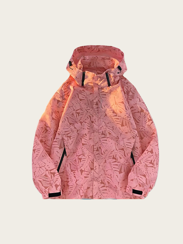 Pink jacket with leaf pattern on a light beige background