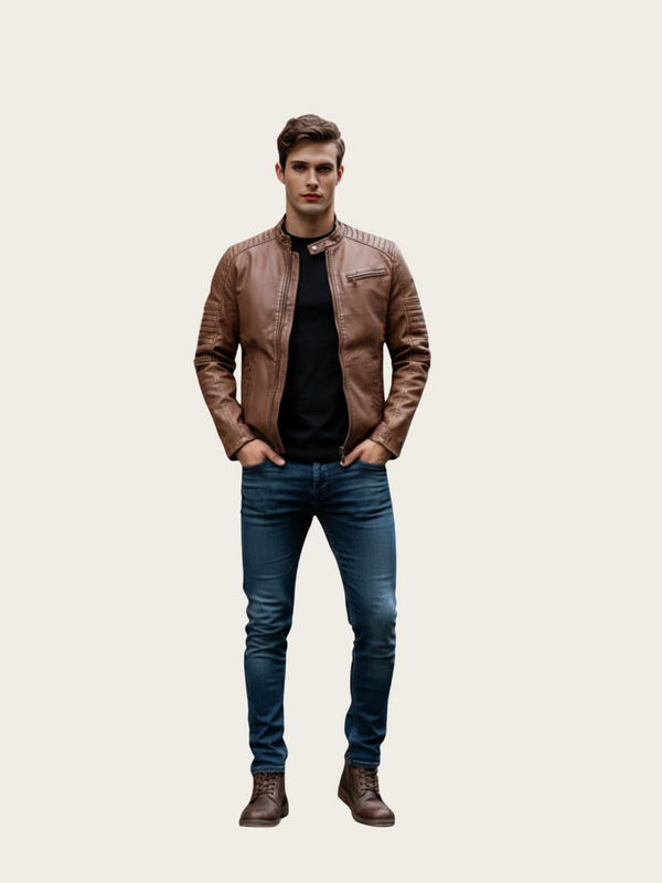 Man wearing a brown leather jacket and blue jeans on a light gray background