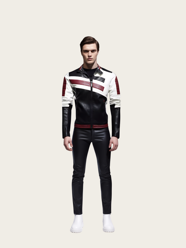 Man wearing a black and white leather outfit with red accents on a beige background
