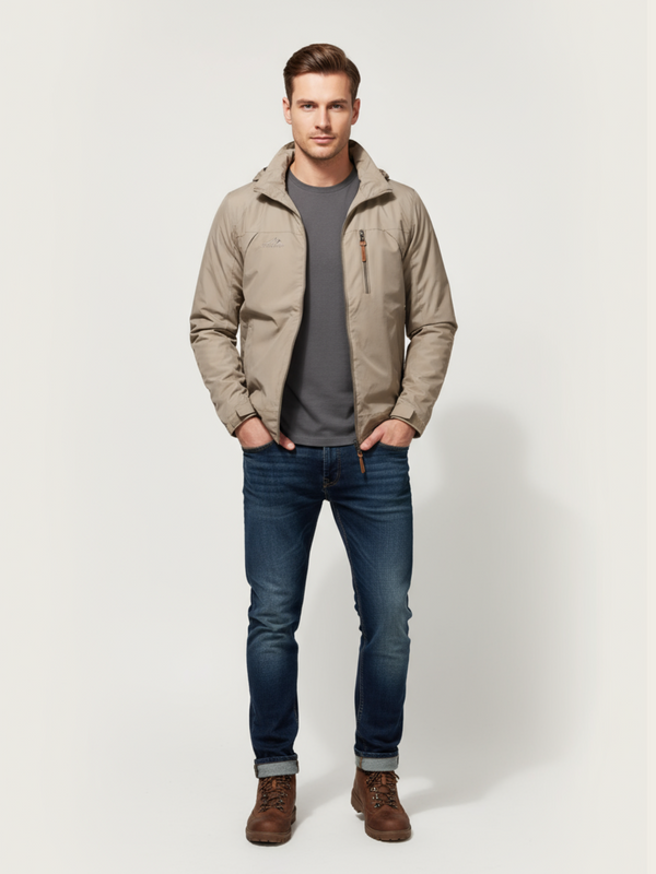 Man wearing a beige jacket, gray shirt, blue jeans, and brown boots on a white background