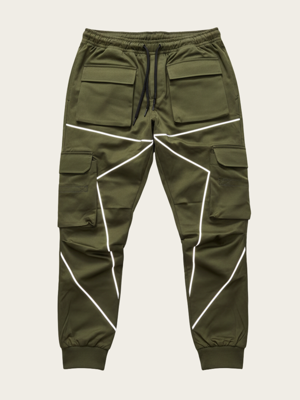 Green cargo jogger pants with reflective stripes on a light gray background