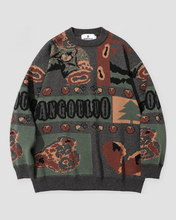 Teddy Bear Patchwork Jacquard Sweater, front view, product photo