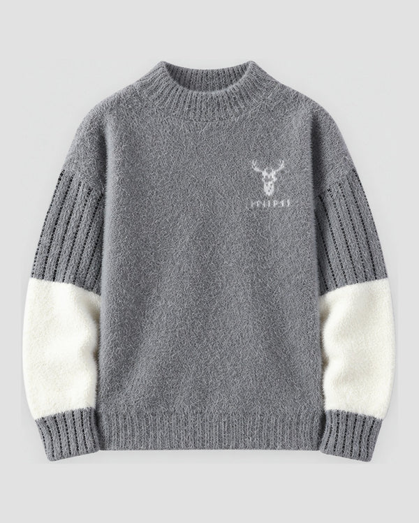 Stag Motif Color Block Fuzzy Sweater, front view, product photo