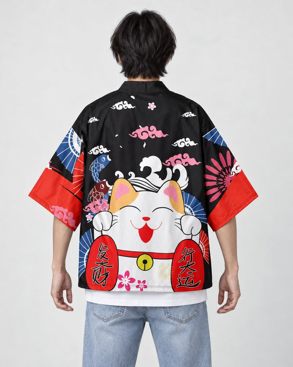 Model wearing the Lucky Cat Print Haori, front view