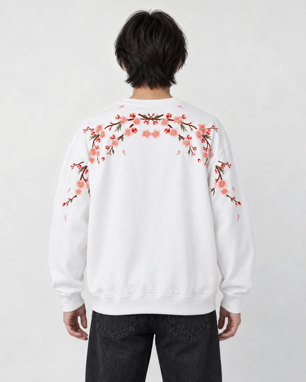 Model wearing the Men's Cherry Blossom Embroidered Crew-Neck Sweatshirt in white, back view
