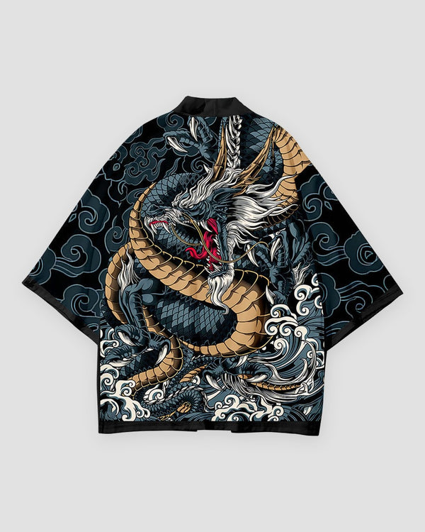 Black haori jacket laid flat, back view with a coiled blue-gray dragon, white wave crests and gray-blue clouds